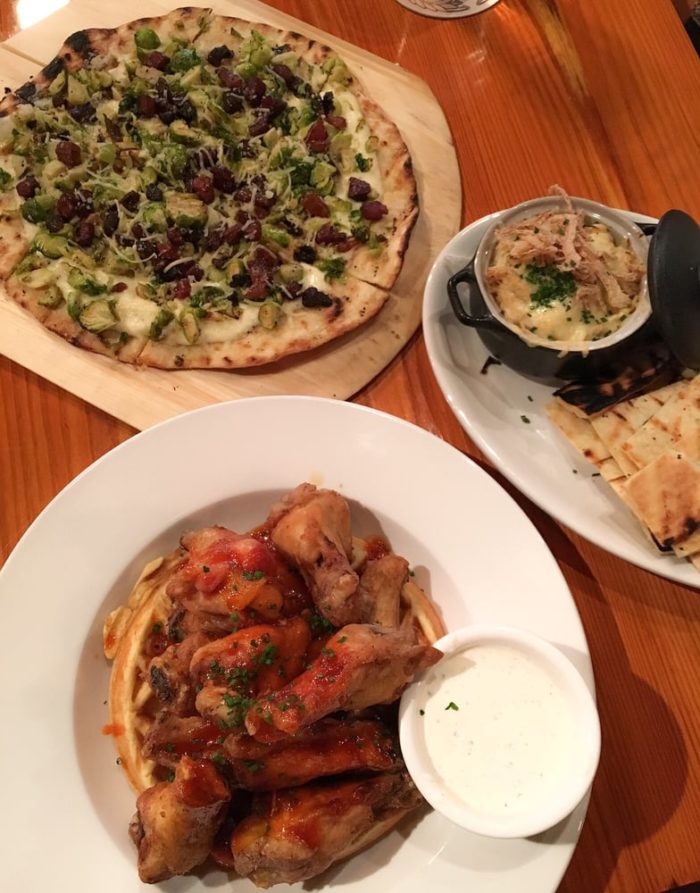 pizza, dip, chicken & waffles
